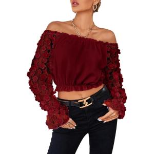 imageLYANER Womens Off Shoulder Floral Mesh Long Sleeve Ruffle Trim Crop Blouse TopBurgundy