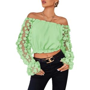 imageLYANER Womens Off Shoulder Floral Mesh Long Sleeve Ruffle Trim Crop Blouse TopLight Green