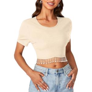 imageLYANER Womens Round Neck Short Sleeve Tassel Trim Hem Rib Crop Top BlouseBeige