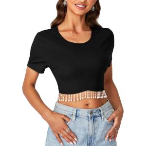 imageLYANER Womens Round Neck Short Sleeve Tassel Trim Hem Rib Crop Top BlouseBlack