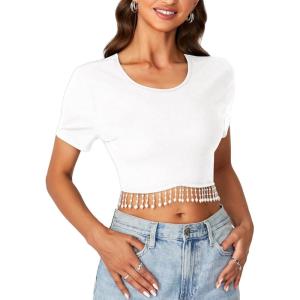 imageLYANER Womens Round Neck Short Sleeve Tassel Trim Hem Rib Crop Top BlouseWhite