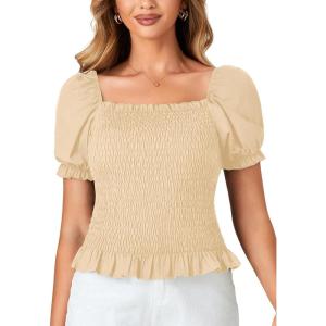 imageLYANER Womens Ruffle Peplum Smock Gingham Crop Top Square Neck Puff Short Sleeve Blouse ShirtBeige