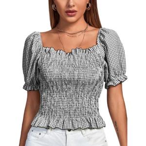 imageLYANER Womens Ruffle Peplum Smock Gingham Crop Top Square Neck Puff Short Sleeve Blouse ShirtBlack