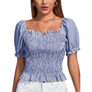 imageLYANER Womens Ruffle Peplum Smock Gingham Crop Top Square Neck Puff Short Sleeve Blouse ShirtBlue