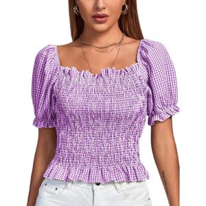 imageLYANER Womens Ruffle Peplum Smock Gingham Crop Top Square Neck Puff Short Sleeve Blouse ShirtDark Purple