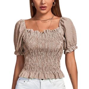 imageLYANER Womens Ruffle Peplum Smock Gingham Crop Top Square Neck Puff Short Sleeve Blouse ShirtKhaki