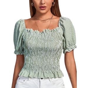 imageLYANER Womens Ruffle Peplum Smock Gingham Crop Top Square Neck Puff Short Sleeve Blouse ShirtLight Green