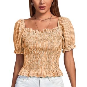 imageLYANER Womens Ruffle Peplum Smock Gingham Crop Top Square Neck Puff Short Sleeve Blouse ShirtOrange