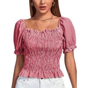 imageLYANER Womens Ruffle Peplum Smock Gingham Crop Top Square Neck Puff Short Sleeve Blouse ShirtRed