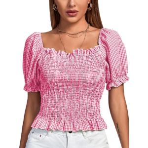 imageLYANER Womens Ruffle Peplum Smock Gingham Crop Top Square Neck Puff Short Sleeve Blouse ShirtRose Red