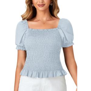 imageLYANER Womens Ruffle Peplum Smock Gingham Crop Top Square Neck Puff Short Sleeve Blouse ShirtSolid Light Blue
