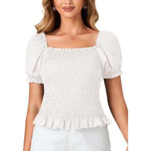 imageLYANER Womens Ruffle Peplum Smock Gingham Crop Top Square Neck Puff Short Sleeve Blouse ShirtWhite
