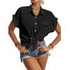 imageLYANER Womens Casual Collared Rolled Up Cap Sleeves Button Down Work Blouse Shirt TopsBlack