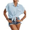 imageLYANER Womens Casual Collared Rolled Up Cap Sleeves Button Down Work Blouse Shirt TopsBlue