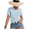 imageLYANER Womens Casual Collared Rolled Up Cap Sleeves Button Down Work Blouse Shirt TopsBlue