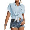 imageLYANER Womens Casual Collared Rolled Up Cap Sleeves Button Down Work Blouse Shirt TopsBlue