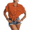 imageLYANER Womens Casual Collared Rolled Up Cap Sleeves Button Down Work Blouse Shirt TopsCaramel