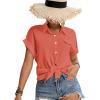 imageLYANER Womens Casual Collared Rolled Up Cap Sleeves Button Down Work Blouse Shirt TopsDark Pink