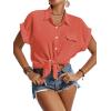 imageLYANER Womens Casual Collared Rolled Up Cap Sleeves Button Down Work Blouse Shirt TopsDark Pink