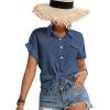 imageLYANER Womens Casual Collared Rolled Up Cap Sleeves Button Down Work Blouse Shirt TopsDusty Blue