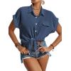 imageLYANER Womens Casual Collared Rolled Up Cap Sleeves Button Down Work Blouse Shirt TopsDusty Blue