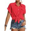 imageLYANER Womens Casual Collared Rolled Up Cap Sleeves Button Down Work Blouse Shirt TopsRed