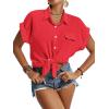 imageLYANER Womens Casual Collared Rolled Up Cap Sleeves Button Down Work Blouse Shirt TopsRed