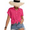 imageLYANER Womens Casual Collared Rolled Up Cap Sleeves Button Down Work Blouse Shirt TopsRose