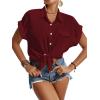 imageLYANER Womens Casual Collared Rolled Up Cap Sleeves Button Down Work Blouse Shirt TopsWine Red