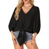 imageLYANER Womens Casual V Neck Tops 34 Sleeve Tie Knot Blouses Solid Button Down Summer ShirtsBlack