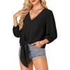 imageLYANER Womens Casual V Neck Tops 34 Sleeve Tie Knot Blouses Solid Button Down Summer ShirtsBlack