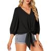 imageLYANER Womens Casual V Neck Tops 34 Sleeve Tie Knot Blouses Solid Button Down Summer ShirtsBlack