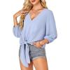 imageLYANER Womens Casual V Neck Tops 34 Sleeve Tie Knot Blouses Solid Button Down Summer ShirtsLight Blue