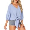 imageLYANER Womens Casual V Neck Tops 34 Sleeve Tie Knot Blouses Solid Button Down Summer ShirtsLight Blue