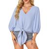 imageLYANER Womens Casual V Neck Tops 34 Sleeve Tie Knot Blouses Solid Button Down Summer ShirtsLight Blue
