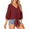 imageLYANER Womens Casual V Neck Tops 34 Sleeve Tie Knot Blouses Solid Button Down Summer ShirtsWine Red