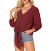 imageLYANER Womens Casual V Neck Tops 34 Sleeve Tie Knot Blouses Solid Button Down Summer ShirtsWine Red