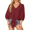 imageLYANER Womens Casual V Neck Tops 34 Sleeve Tie Knot Blouses Solid Button Down Summer ShirtsWine Red