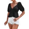 imageLYANER Womens Satin Deep V Neck Puff Short Sleeve Tie Front Ruffle Hem Blouse Crop Peplum TopBlack