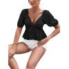 imageLYANER Womens Satin Deep V Neck Puff Short Sleeve Tie Front Ruffle Hem Blouse Crop Peplum TopBlack