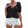 imageLYANER Womens Satin Deep V Neck Puff Short Sleeve Tie Front Ruffle Hem Blouse Crop Peplum TopBlack
