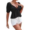 imageLYANER Womens Satin Deep V Neck Puff Short Sleeve Tie Front Ruffle Hem Blouse Crop Peplum TopBlack
