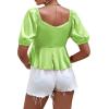 imageLYANER Womens Satin Deep V Neck Puff Short Sleeve Tie Front Ruffle Hem Blouse Crop Peplum TopBright Green