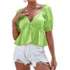 imageLYANER Womens Satin Deep V Neck Puff Short Sleeve Tie Front Ruffle Hem Blouse Crop Peplum TopBright Green