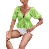 imageLYANER Womens Satin Deep V Neck Puff Short Sleeve Tie Front Ruffle Hem Blouse Crop Peplum TopBright Green