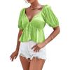 imageLYANER Womens Satin Deep V Neck Puff Short Sleeve Tie Front Ruffle Hem Blouse Crop Peplum TopBright Green