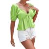 imageLYANER Womens Satin Deep V Neck Puff Short Sleeve Tie Front Ruffle Hem Blouse Crop Peplum TopBright Green