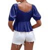 imageLYANER Womens Satin Deep V Neck Puff Short Sleeve Tie Front Ruffle Hem Blouse Crop Peplum TopDark Blue