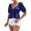 imageLYANER Womens Satin Deep V Neck Puff Short Sleeve Tie Front Ruffle Hem Blouse Crop Peplum TopDark Blue