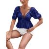 imageLYANER Womens Satin Deep V Neck Puff Short Sleeve Tie Front Ruffle Hem Blouse Crop Peplum TopDark Blue
